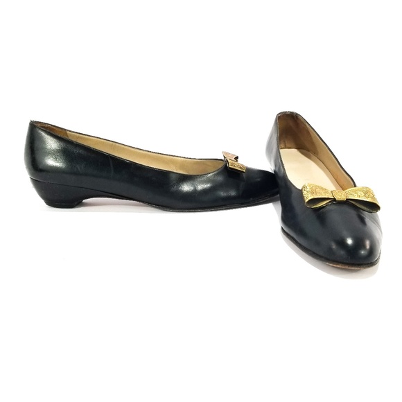 Salvatore Ferragamo Shoes - Vintage Ferragamo Gold Metal Bow Black Flats-